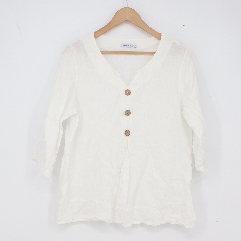 Tempo Paris Linen Top Womens M White Button V-Neck 3/4 Sleeve Excellent